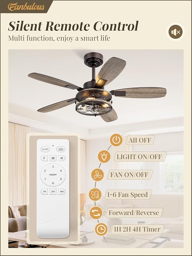 42 Inch Farmhouse Ceiling Fan with Light and Remote, Oil Bronze Industrial Flush Mount Ceiling Fans with 6 Speed Reversible
