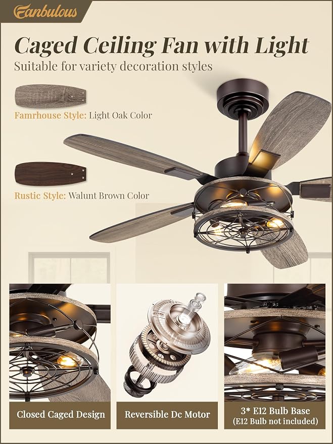 42 Inch Farmhouse Ceiling Fan with Light and Remote, Oil Bronze Industrial Flush Mount Ceiling Fans with 6 Speed Reversible