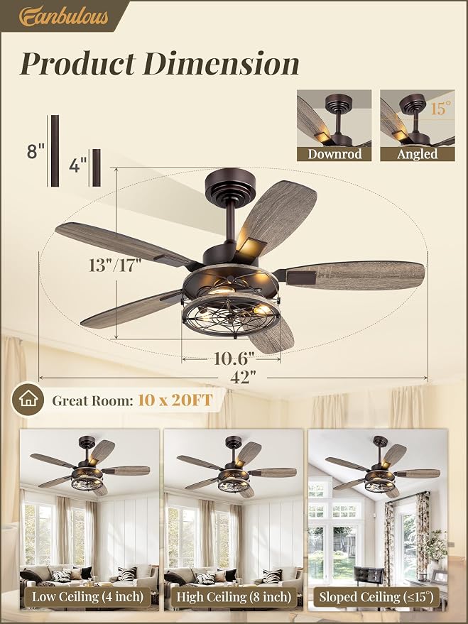 42 Inch Farmhouse Ceiling Fan with Light and Remote, Oil Bronze Industrial Flush Mount Ceiling Fans with 6 Speed Reversible