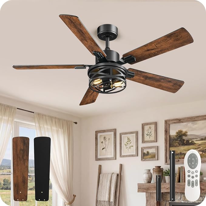 42 Inch Farmhouse Ceiling Fan with Lights and Remote, Timer, Dual Finish 5 Blades (Walnut and Black), 6 Speeds, Reversible DC