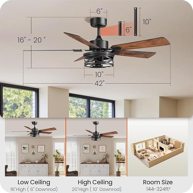 42 Inch Farmhouse Ceiling Fan with Lights and Remote, Timer, Dual Finish 5 Blades (Walnut and Black), 6 Speeds, Reversible DC