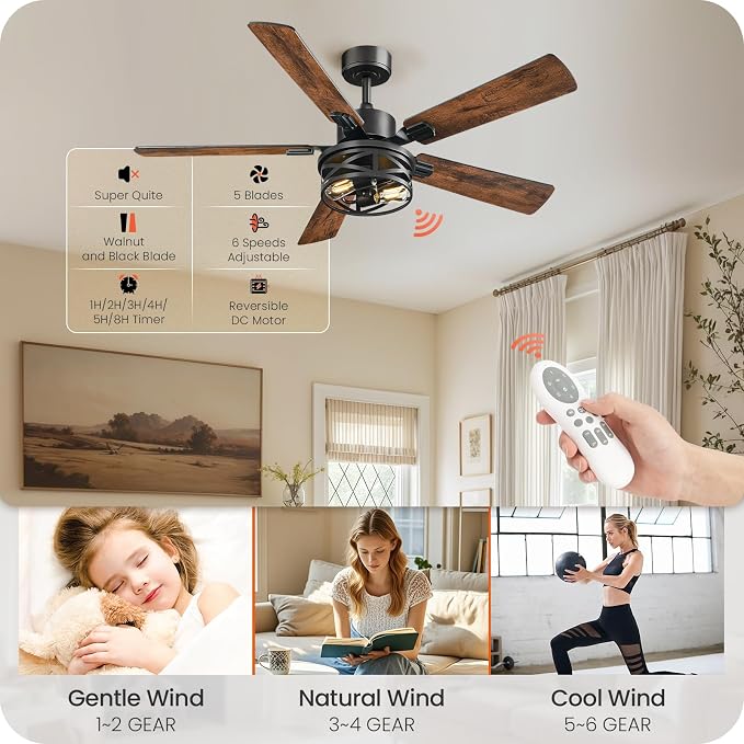 42 Inch Farmhouse Ceiling Fan with Lights and Remote, Timer, Dual Finish 5 Blades (Walnut and Black), 6 Speeds, Reversible DC