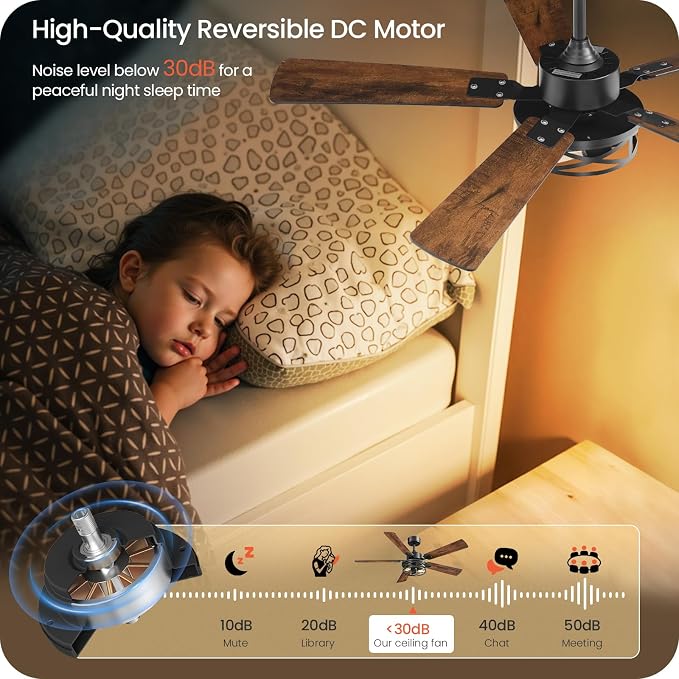 42 Inch Farmhouse Ceiling Fan with Lights and Remote, Timer, Dual Finish 5 Blades (Walnut and Black), 6 Speeds, Reversible DC