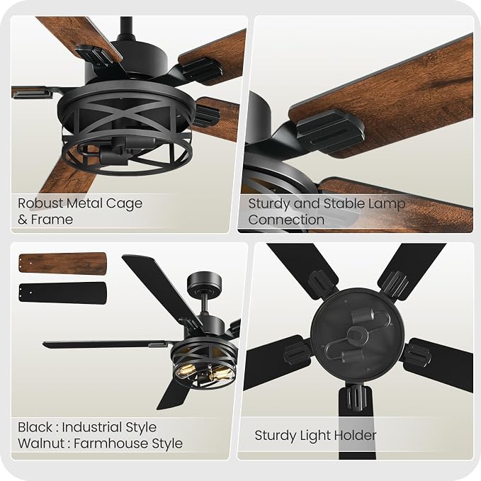 42 Inch Farmhouse Ceiling Fan with Lights and Remote, Timer, Dual Finish 5 Blades (Walnut and Black), 6 Speeds, Reversible DC