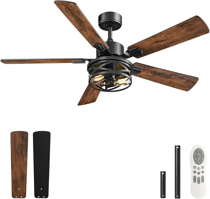 42 Inch Farmhouse Ceiling Fan with Lights and Remote, Timer, Dual Finish 5 Blades (Walnut and Black), 6 Speeds, Reversible DC