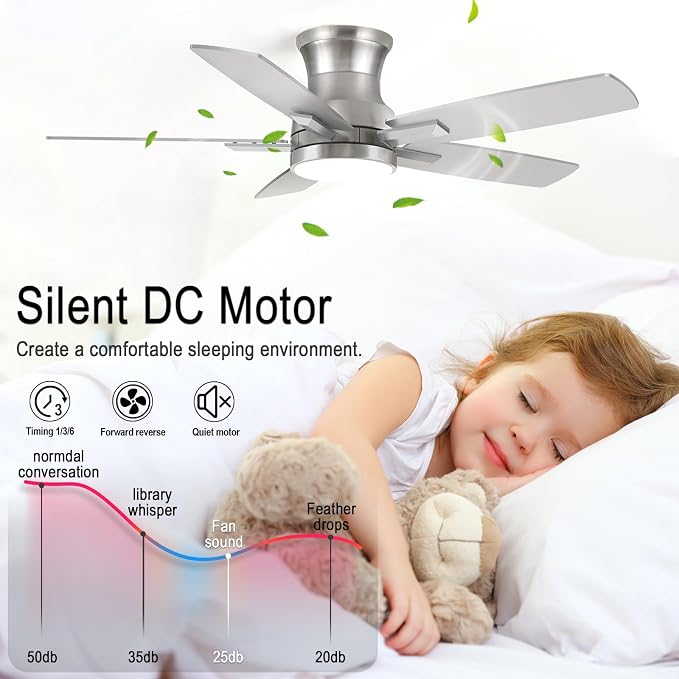 42 Inch Flush Mount Brushed Nickel Ceiling Fan with Light and Remote Control.Noiseless,Dimmable,3CCT,6 Speeds Reversible, Low