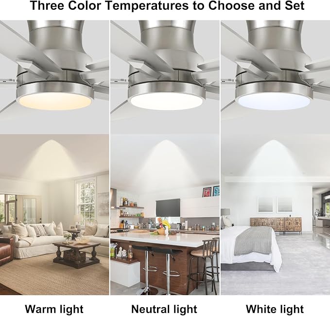 42 Inch Flush Mount Brushed Nickel Ceiling Fan with Light and Remote Control.Noiseless,Dimmable,3CCT,6 Speeds Reversible, Low