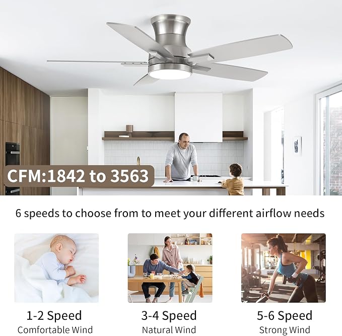 42 Inch Flush Mount Brushed Nickel Ceiling Fan with Light and Remote Control.Noiseless,Dimmable,3CCT,6 Speeds Reversible, Low