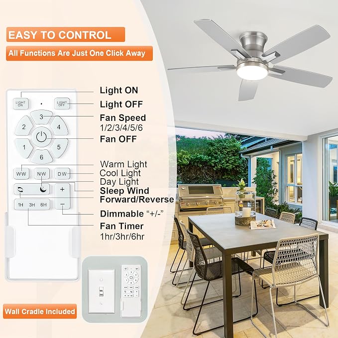 42 Inch Flush Mount Brushed Nickel Ceiling Fan with Light and Remote Control.Noiseless,Dimmable,3CCT,6 Speeds Reversible, Low