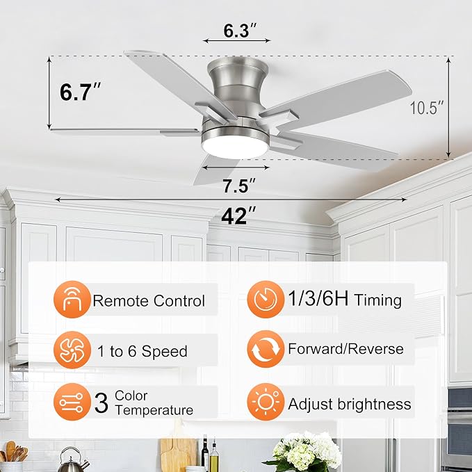 42 Inch Flush Mount Brushed Nickel Ceiling Fan with Light and Remote Control.Noiseless,Dimmable,3CCT,6 Speeds Reversible, Low