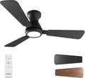 42 Inch Flush Mount Ceiling Fan with Light and Remote, Low Profile Ceiling Fans with Lights, 3 Blades (Black/Wood), Quiet DC