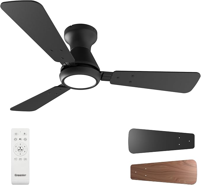 42 Inch Flush Mount Ceiling Fan with Light and Remote, Low Profile Ceiling Fans with Lights, 3 Blades (Black/Wood), Quiet DC