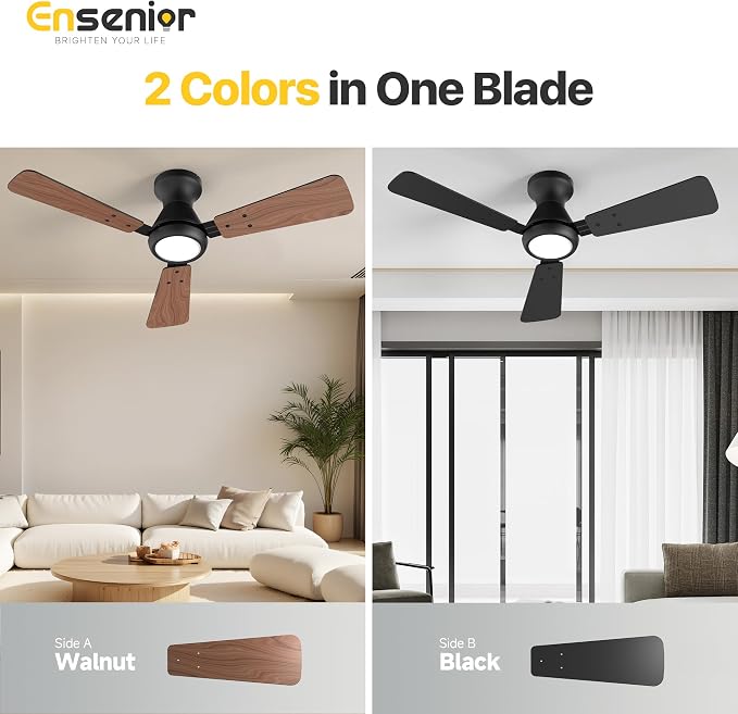 42 Inch Flush Mount Ceiling Fan with Light and Remote, Low Profile Ceiling Fans with Lights, 3 Blades (Black/Wood), Quiet DC
