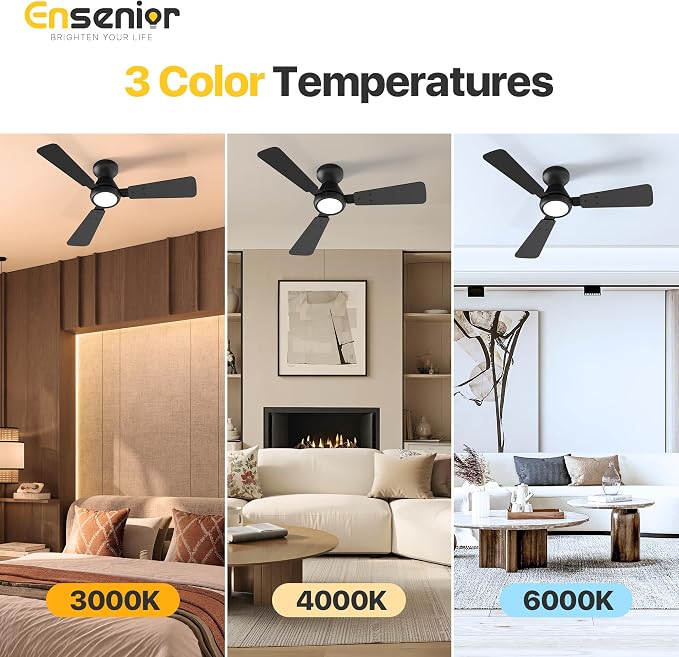 42 Inch Flush Mount Ceiling Fan with Light and Remote, Low Profile Ceiling Fans with Lights, 3 Blades (Black/Wood), Quiet DC