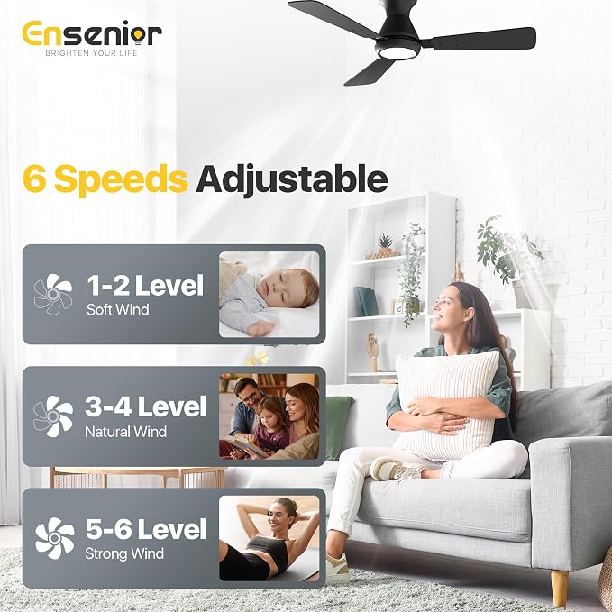 42 Inch Flush Mount Ceiling Fan with Light and Remote, Low Profile Ceiling Fans with Lights, 3 Blades (Black/Wood), Quiet DC