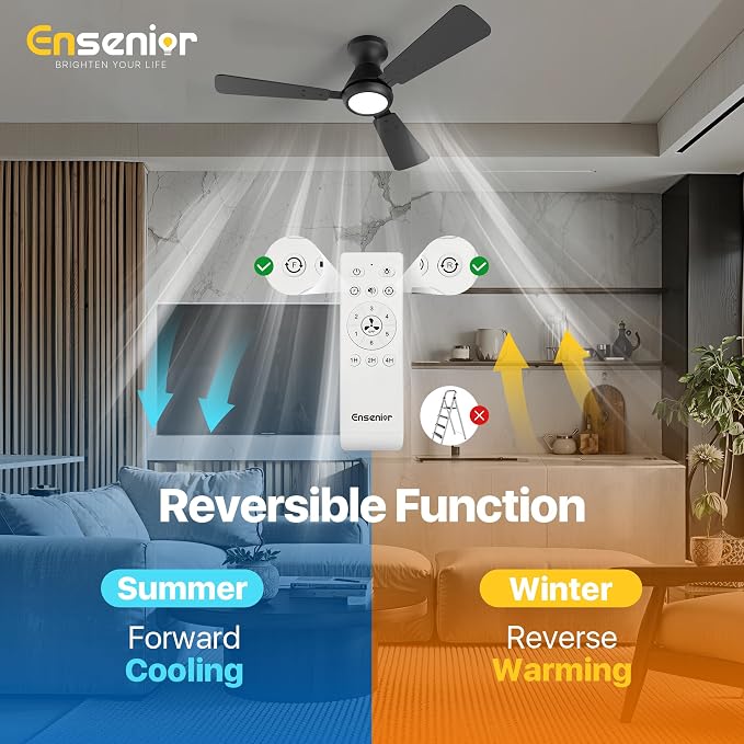 42 Inch Flush Mount Ceiling Fan with Light and Remote, Low Profile Ceiling Fans with Lights, 3 Blades (Black/Wood), Quiet DC