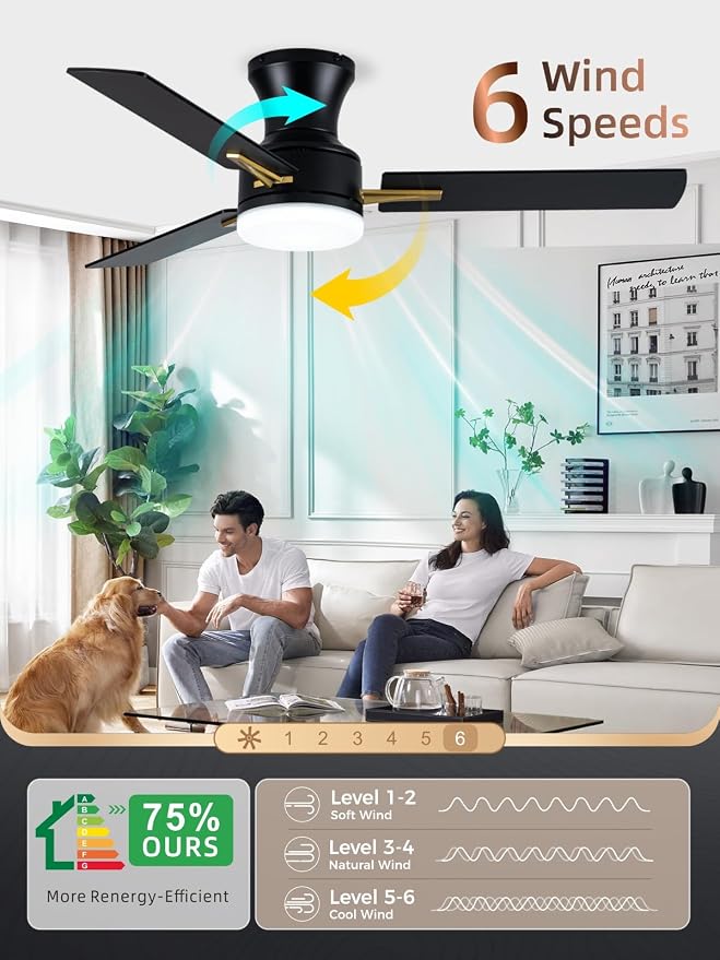 42 Inch Flush Mount Ceiling Fan with Light, App&Remote Control, Low Profile Modern Ceiling Fan, 6 Speed, Reversible