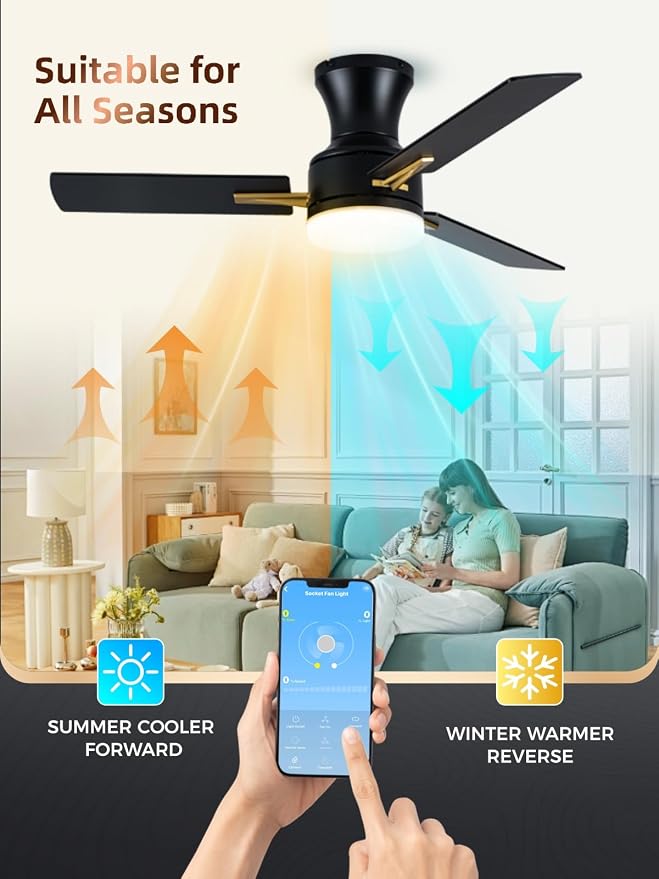 42 Inch Flush Mount Ceiling Fan with Light, App&Remote Control, Low Profile Modern Ceiling Fan, 6 Speed, Reversible