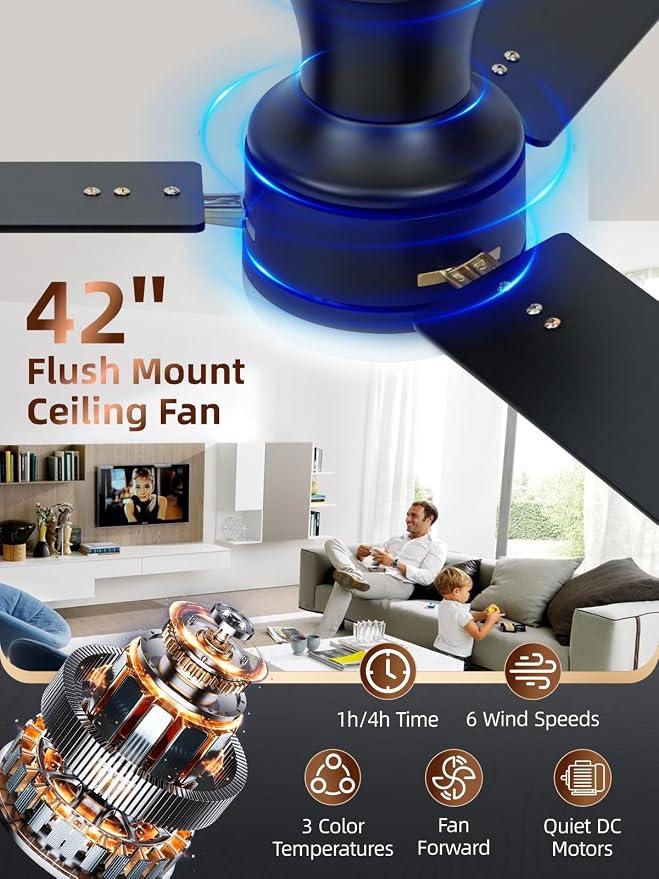 42 Inch Flush Mount Ceiling Fan with Light, App&Remote Control, Low Profile Modern Ceiling Fan, 6 Speed, Reversible
