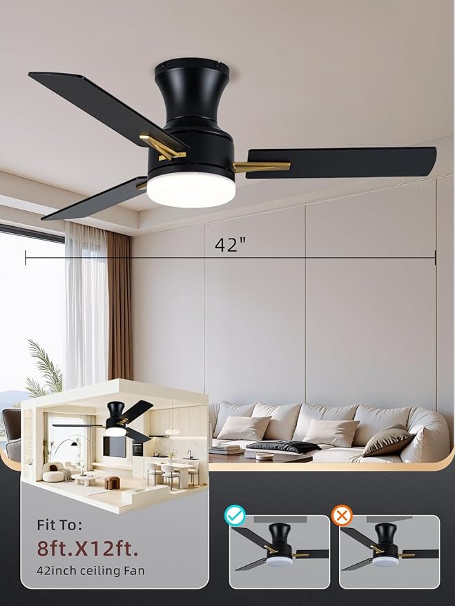 42 Inch Flush Mount Ceiling Fan with Light, App&Remote Control, Low Profile Modern Ceiling Fan, 6 Speed, Reversible