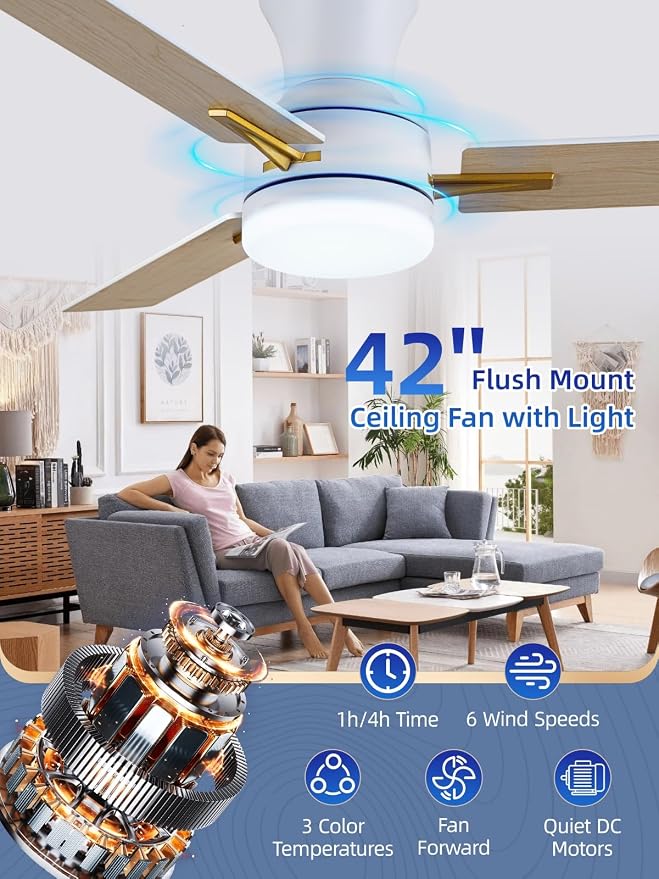42 Inch Flush Mount Ceiling Fan with Light, App&Remote Control, Low Profile Modern Ceiling Fan, 6 Speed, Reversible