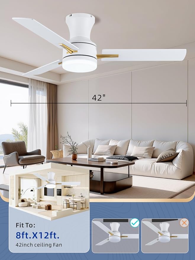 42 Inch Flush Mount Ceiling Fan with Light, App&Remote Control, Low Profile Modern Ceiling Fan, 6 Speed, Reversible