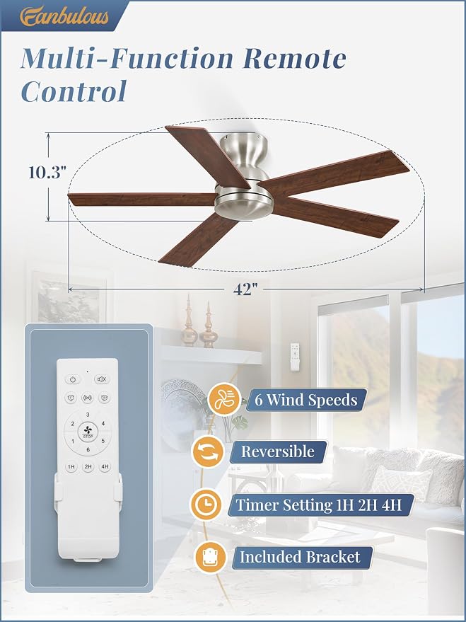 42 Inch Flush Mount Ceiling Fans no Light, Brushed Nickel Modern Ceiling Fans, 6-Speeds, Quiet Reversible DC Motor