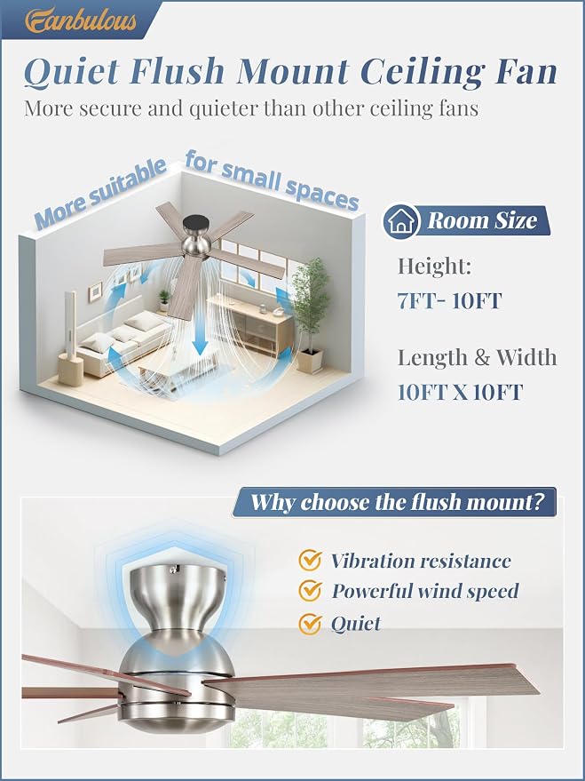 42 Inch Flush Mount Ceiling Fans no Light, Brushed Nickel Modern Ceiling Fans, 6-Speeds, Quiet Reversible DC Motor