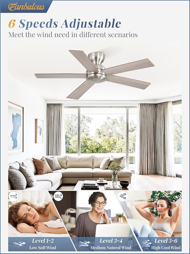 42 Inch Flush Mount Ceiling Fans no Light, Brushed Nickel Modern Ceiling Fans, 6-Speeds, Quiet Reversible DC Motor