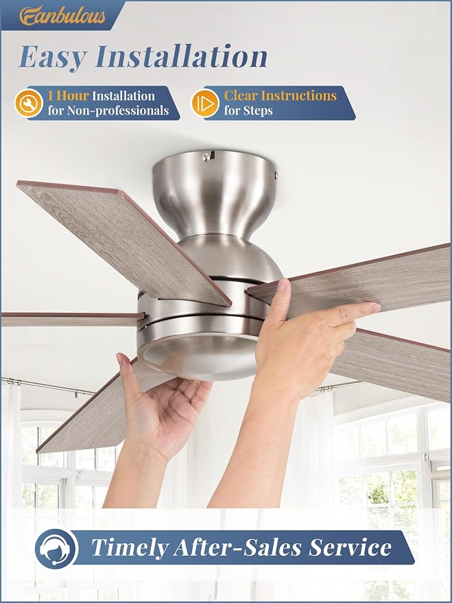 42 Inch Flush Mount Ceiling Fans no Light, Brushed Nickel Modern Ceiling Fans, 6-Speeds, Quiet Reversible DC Motor