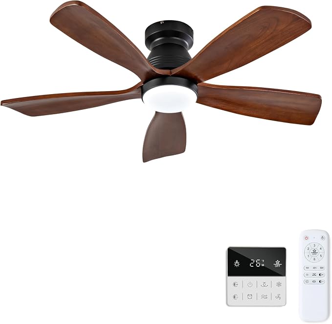 42 Inch Flush Mount Ceiling Fans with Lights and Remote, Dimmable, 5 Blades Wood Ceiling Fan with Light, Low Profile Outdoor