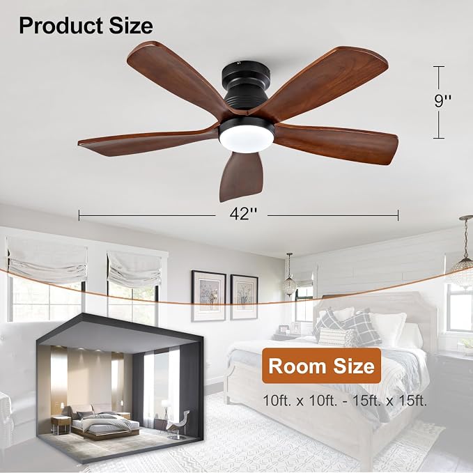 42 Inch Flush Mount Ceiling Fans with Lights and Remote, Dimmable, 5 Blades Wood Ceiling Fan with Light, Low Profile Outdoor