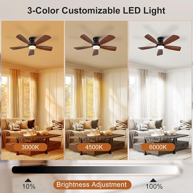 42 Inch Flush Mount Ceiling Fans with Lights and Remote, Dimmable, 5 Blades Wood Ceiling Fan with Light, Low Profile Outdoor