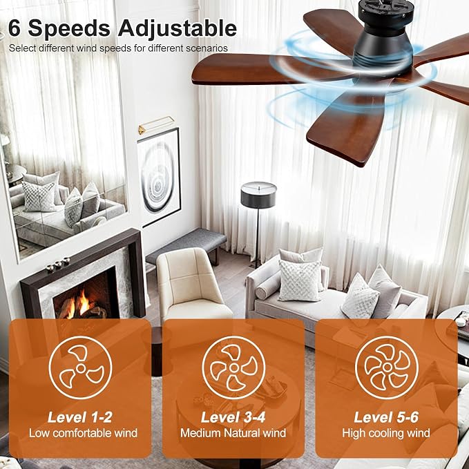 42 Inch Flush Mount Ceiling Fans with Lights and Remote, Dimmable, 5 Blades Wood Ceiling Fan with Light, Low Profile Outdoor