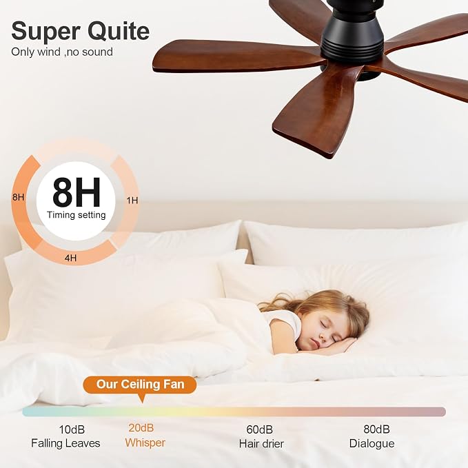 42 Inch Flush Mount Ceiling Fans with Lights and Remote, Dimmable, 5 Blades Wood Ceiling Fan with Light, Low Profile Outdoor