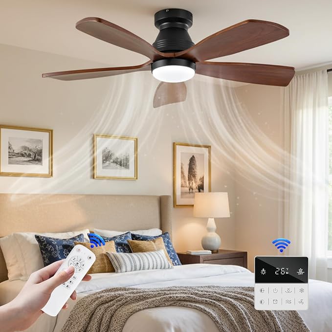 42 Inch Flush Mount Ceiling Fans with Lights and Remote, Dimmable, 5 Blades Wood Ceiling Fan with Light, Low Profile Outdoor