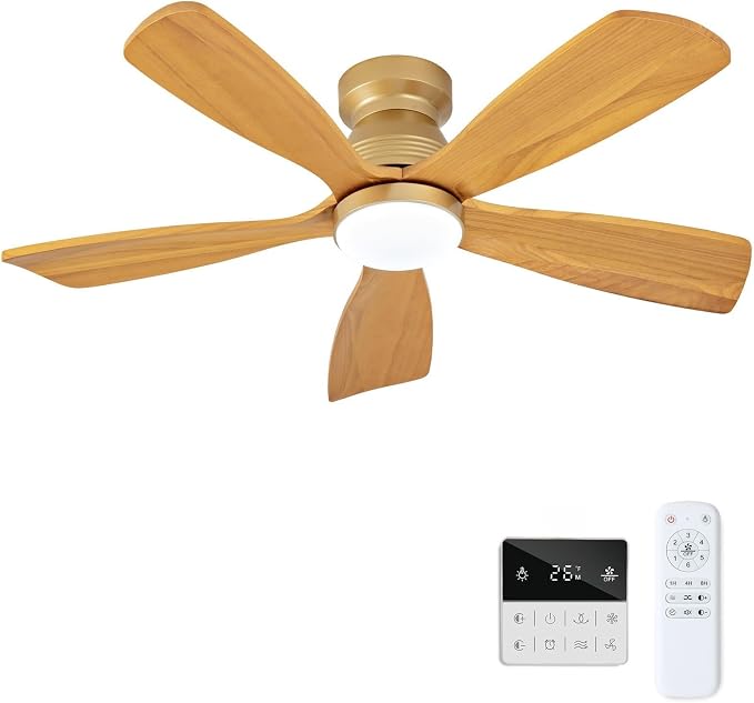 42 Inch Flush Mount Ceiling Fans with Lights and Remote, Dimmable, 5 Blades Wood Ceiling Fan with Light, Low Profile Outdoor