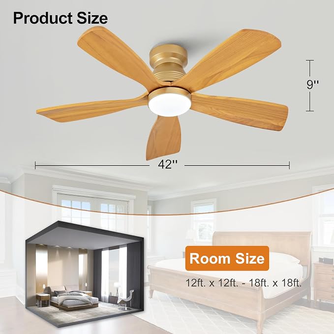 42 Inch Flush Mount Ceiling Fans with Lights and Remote, Dimmable, 5 Blades Wood Ceiling Fan with Light, Low Profile Outdoor