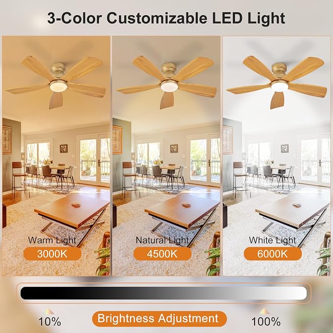 42 Inch Flush Mount Ceiling Fans with Lights and Remote, Dimmable, 5 Blades Wood Ceiling Fan with Light, Low Profile Outdoor