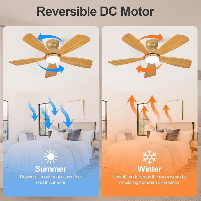 42 Inch Flush Mount Ceiling Fans with Lights and Remote, Dimmable, 5 Blades Wood Ceiling Fan with Light, Low Profile Outdoor