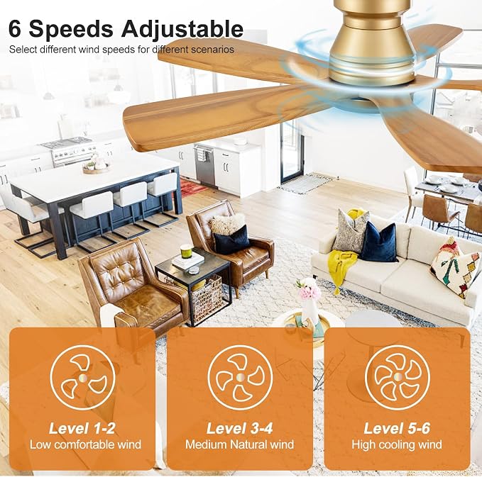 42 Inch Flush Mount Ceiling Fans with Lights and Remote, Dimmable, 5 Blades Wood Ceiling Fan with Light, Low Profile Outdoor