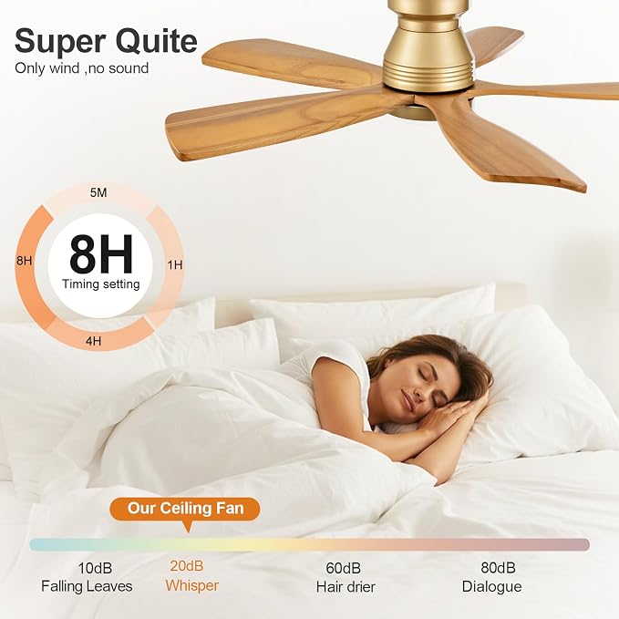 42 Inch Flush Mount Ceiling Fans with Lights and Remote, Dimmable, 5 Blades Wood Ceiling Fan with Light, Low Profile Outdoor