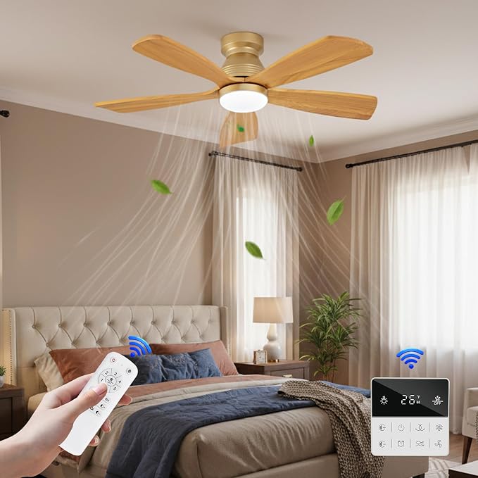 42 Inch Flush Mount Ceiling Fans with Lights and Remote, Dimmable, 5 Blades Wood Ceiling Fan with Light, Low Profile Outdoor