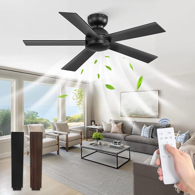 42 Inch Flush Mount Ceiling Fans without Lights, Small Black Ceiling Fan with Remote, 6-Speeds, Quiet Reversible DC Motor