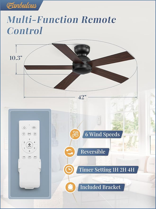 42 Inch Flush Mount Ceiling Fans without Lights, Small Black Ceiling Fan with Remote, 6-Speeds, Quiet Reversible DC Motor
