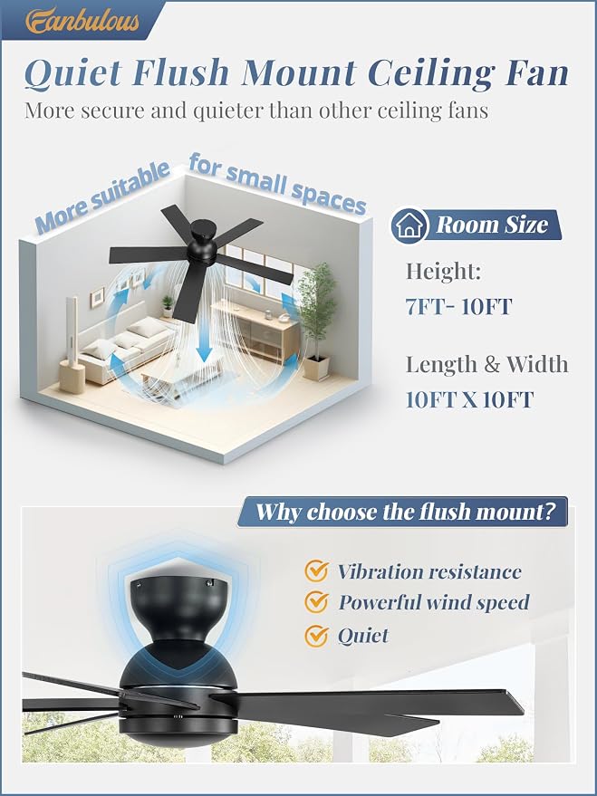 42 Inch Flush Mount Ceiling Fans without Lights, Small Black Ceiling Fan with Remote, 6-Speeds, Quiet Reversible DC Motor