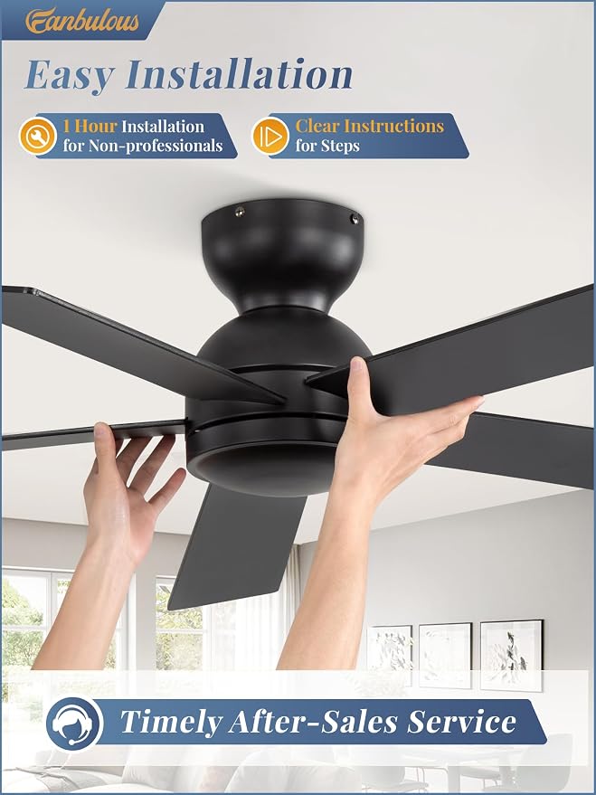 42 Inch Flush Mount Ceiling Fans without Lights, Small Black Ceiling Fan with Remote, 6-Speeds, Quiet Reversible DC Motor