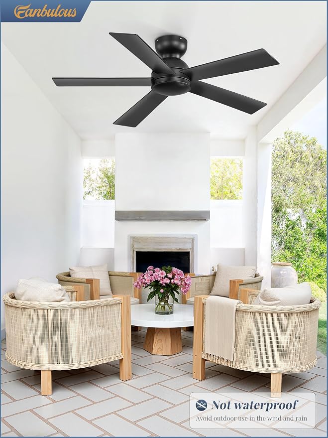 42 Inch Flush Mount Ceiling Fans without Lights, Small Black Ceiling Fan with Remote, 6-Speeds, Quiet Reversible DC Motor