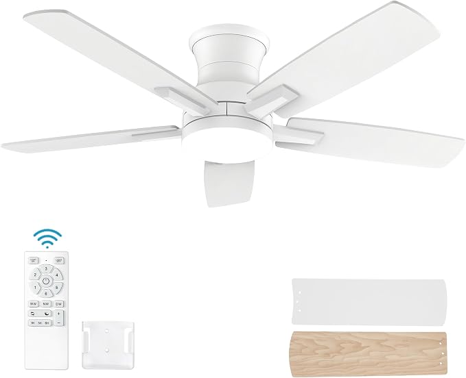 42 Inch Flush Mount White Ceiling Fan with Light and Remote Control.Noiseless,Dimmable,3CCT,6 Speeds Reversible, Low Profile