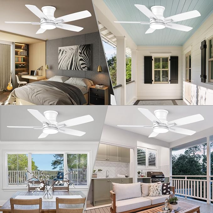 42 Inch Flush Mount White Ceiling Fan with Light and Remote Control.Noiseless,Dimmable,3CCT,6 Speeds Reversible, Low Profile